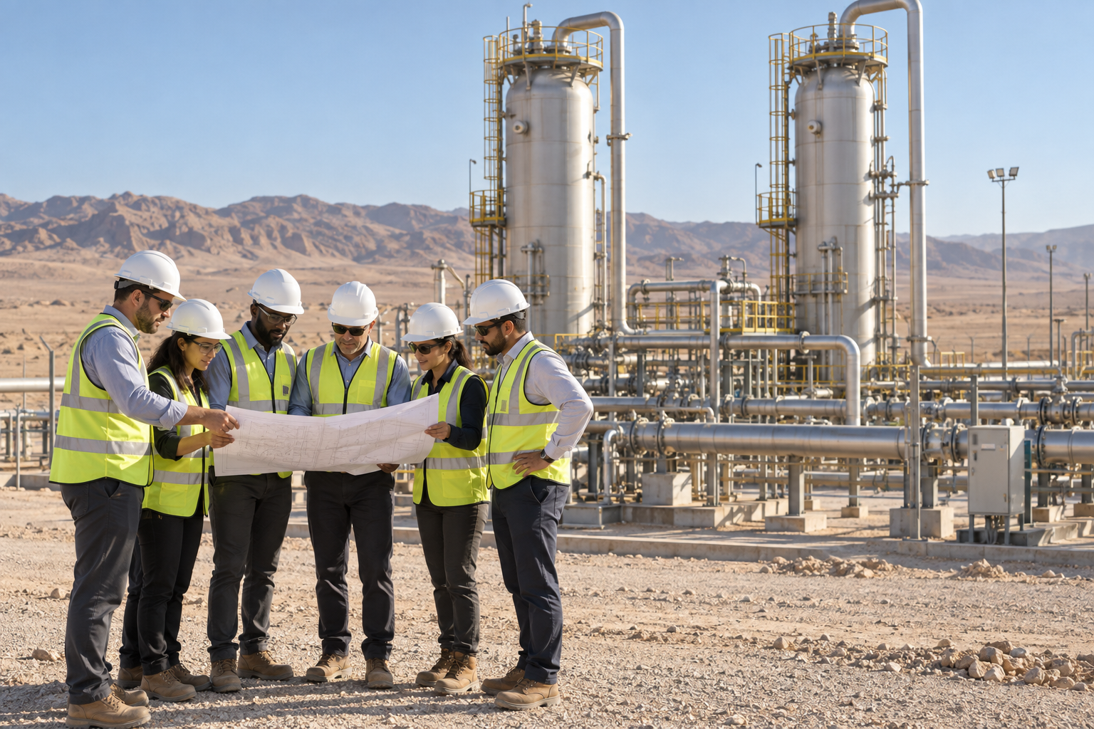 Engineers reviewing plans at a desert energy facility