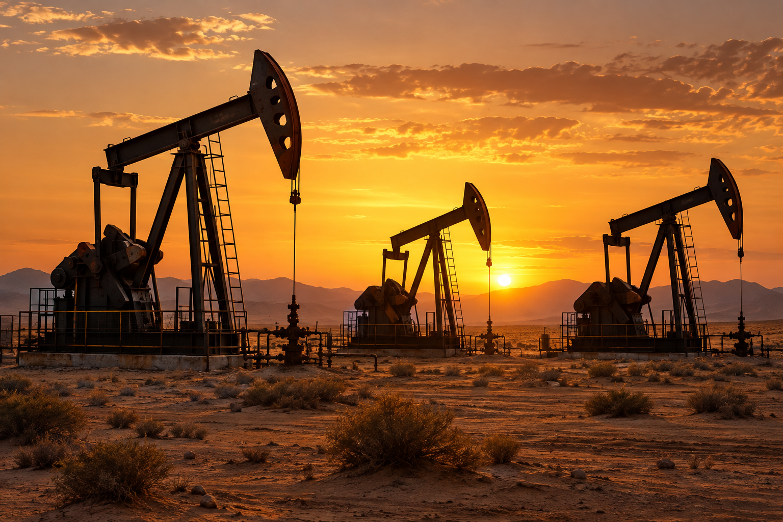 Oil pumpjacks in the desert at sunset